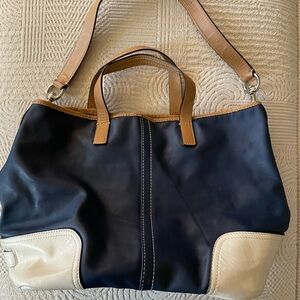 Stylish Navy and Tan Coach Tote Bag